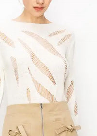 INA Fashion Distressed Long Sleeve Knit Top in ivory - women's long sleeve top - detail view