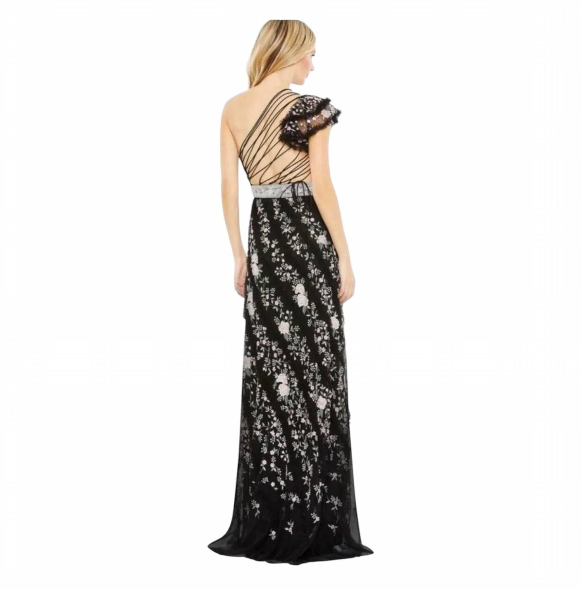 Mac Duggal - Women's Embroidered Ruffled One Shoulder Lace Up Gown
