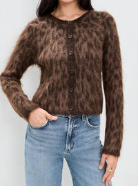ASTR Katria Fuzzy Crewneck Cardigan in brown cheetah - women's cardigan