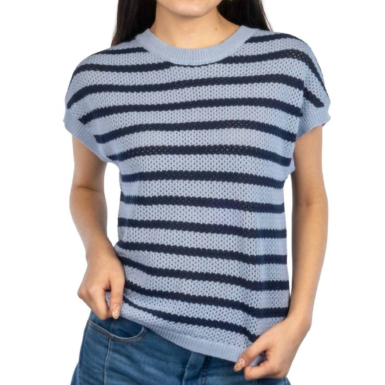 Flags & Anthem Ashley Short Sleeve Stripe Sweater Tee Top in blue combo - women's sweater