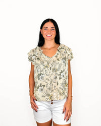 Elan - Leaf Print Ruffle Sleeve Top Tie Front Blouse
