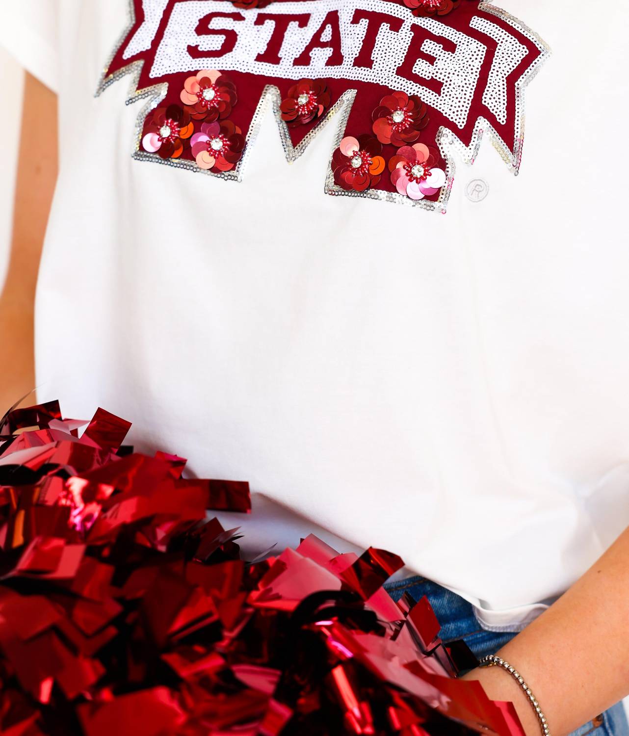 Queen Of Sparkles - Licensed Miss State Mascot Sequin Flower Tee