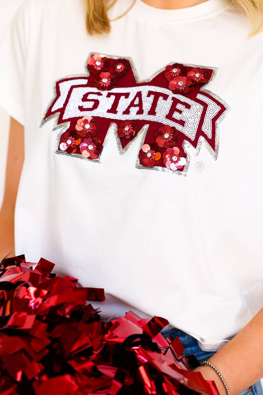 Queen Of Sparkles - Licensed Miss State Mascot Sequin Flower Tee