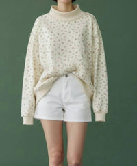 BUCKETLIST Floral Print Oversized Mock Neck Sweatshirt in beige - women's sweater