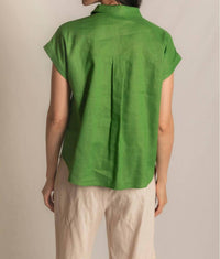 P.CILL Linen Relaxed Short Sleeve Button Up Shirt in grass - women's shirt - view 5