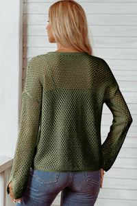 Fashionworks - Open Knit Buttoned Neck Split Sleeve Sweater