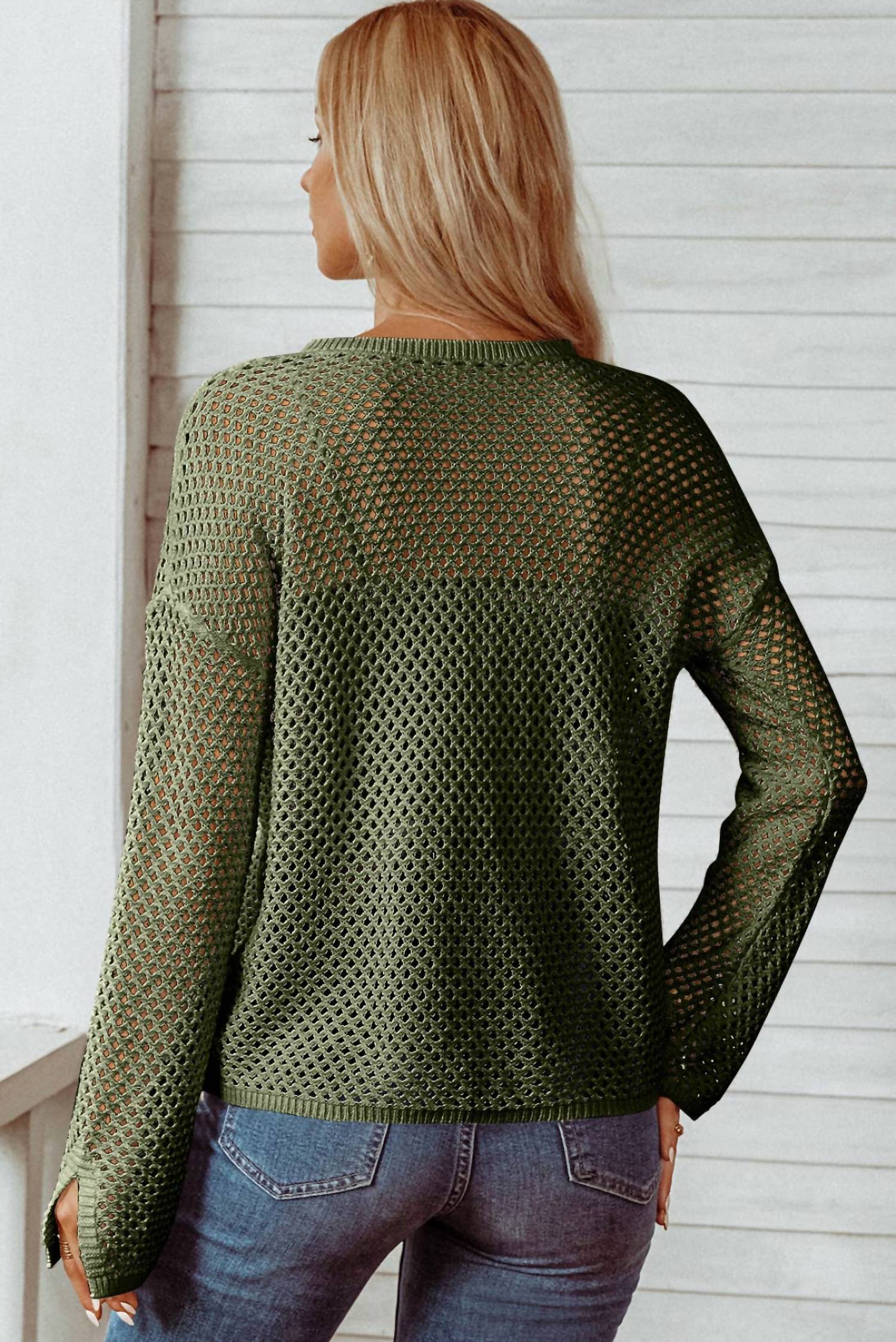 Fashionworks - Open Knit Buttoned Neck Split Sleeve Sweater