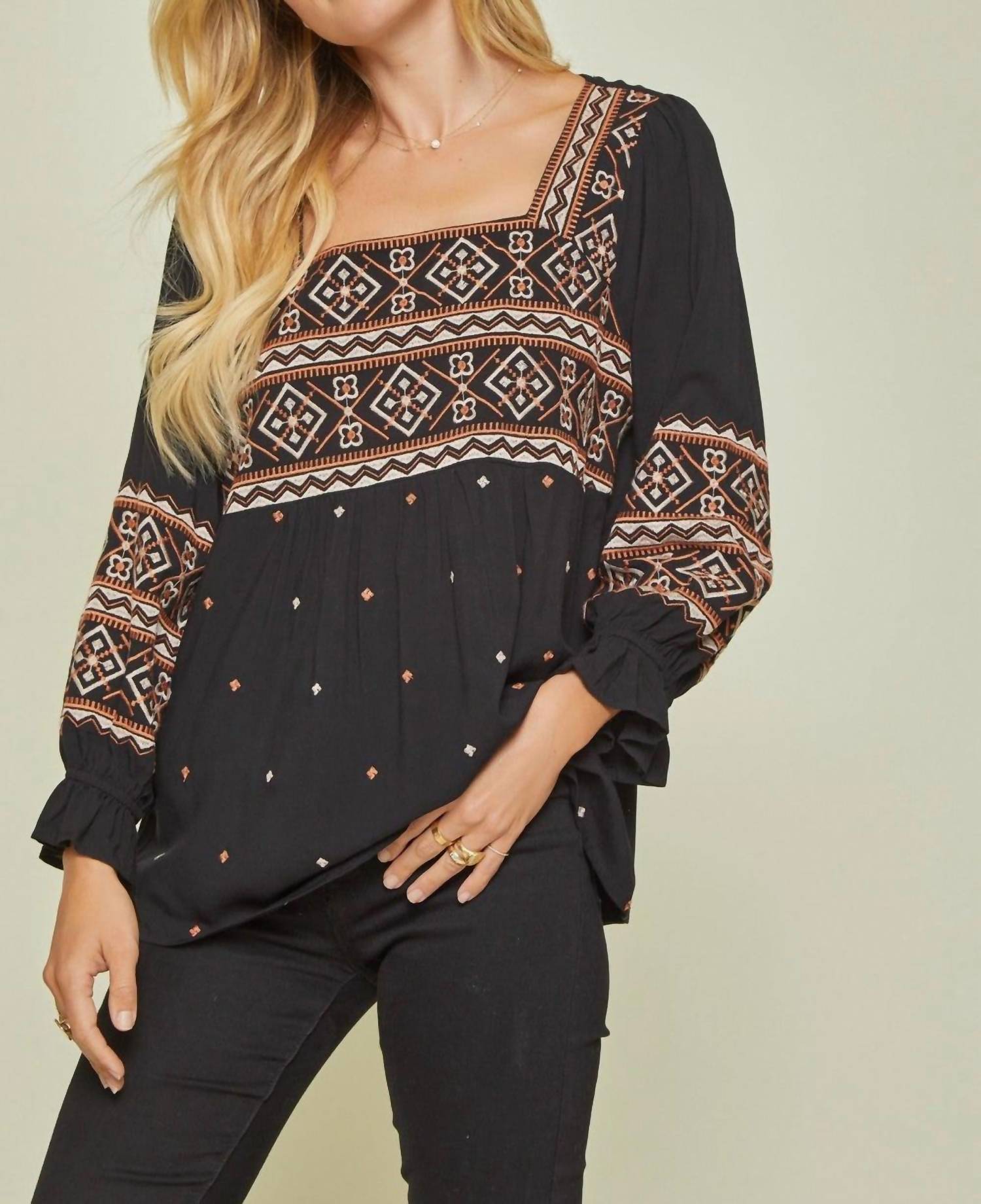 Andree By Unit - Aztec Embroidered Babydoll Top