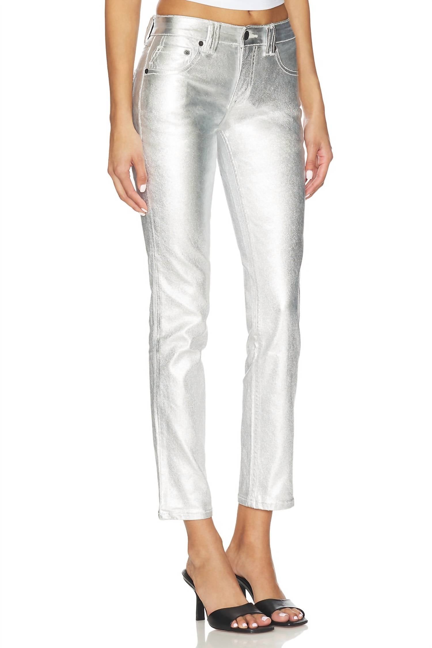 Free People Oracle Metallic Low-rise Slim Straight Jeans in divine 1 - women's jeans - detail view