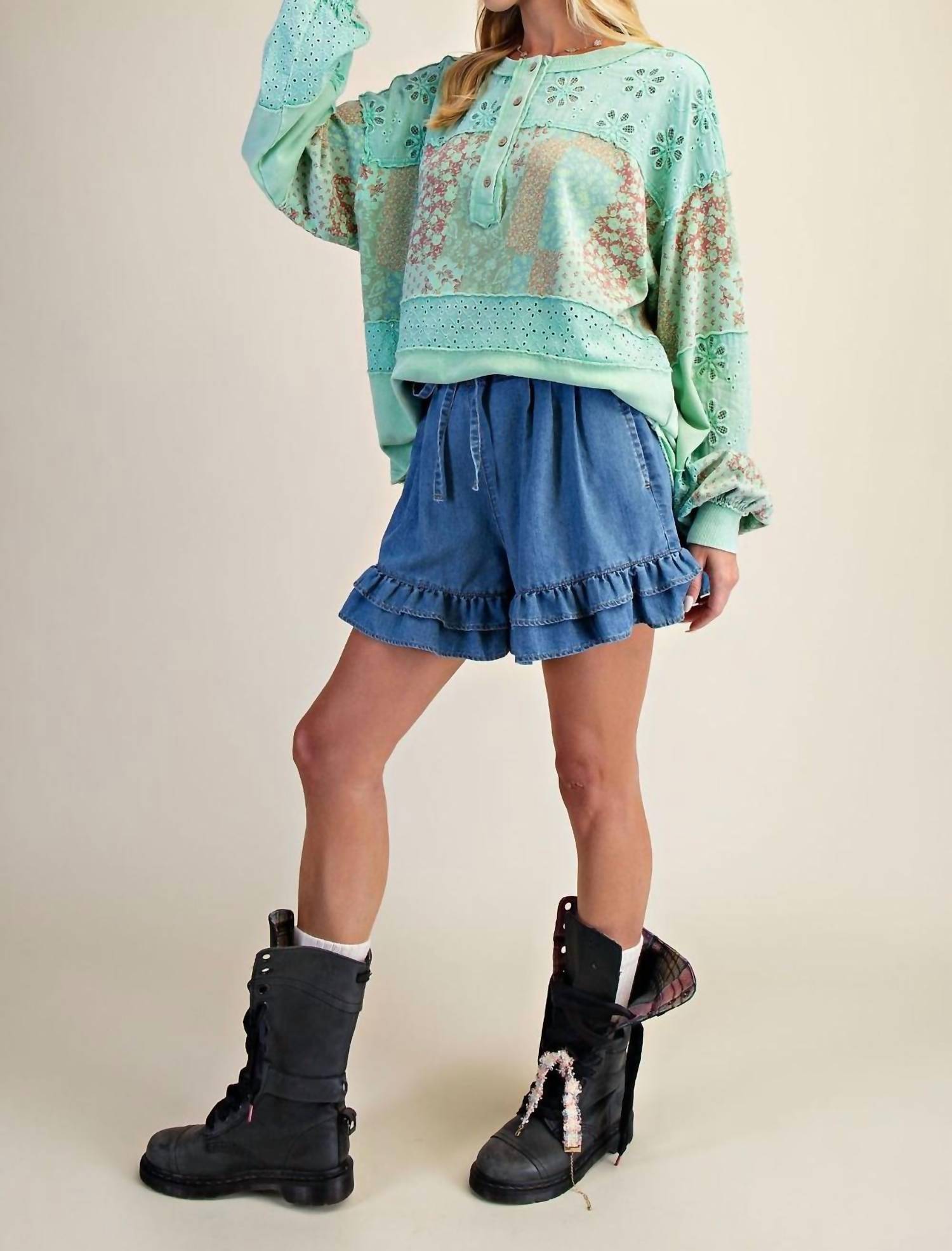 Easel Mixed Print Button Front Washed Top - Plus in atlantis green - women's long sleeve top - view 4