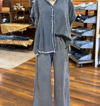 Umgee - Eyelash Trim Oversize Denim Blouse