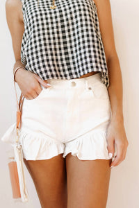 day + moon Alex Ruffle Denim Shorts in white - women's shorts