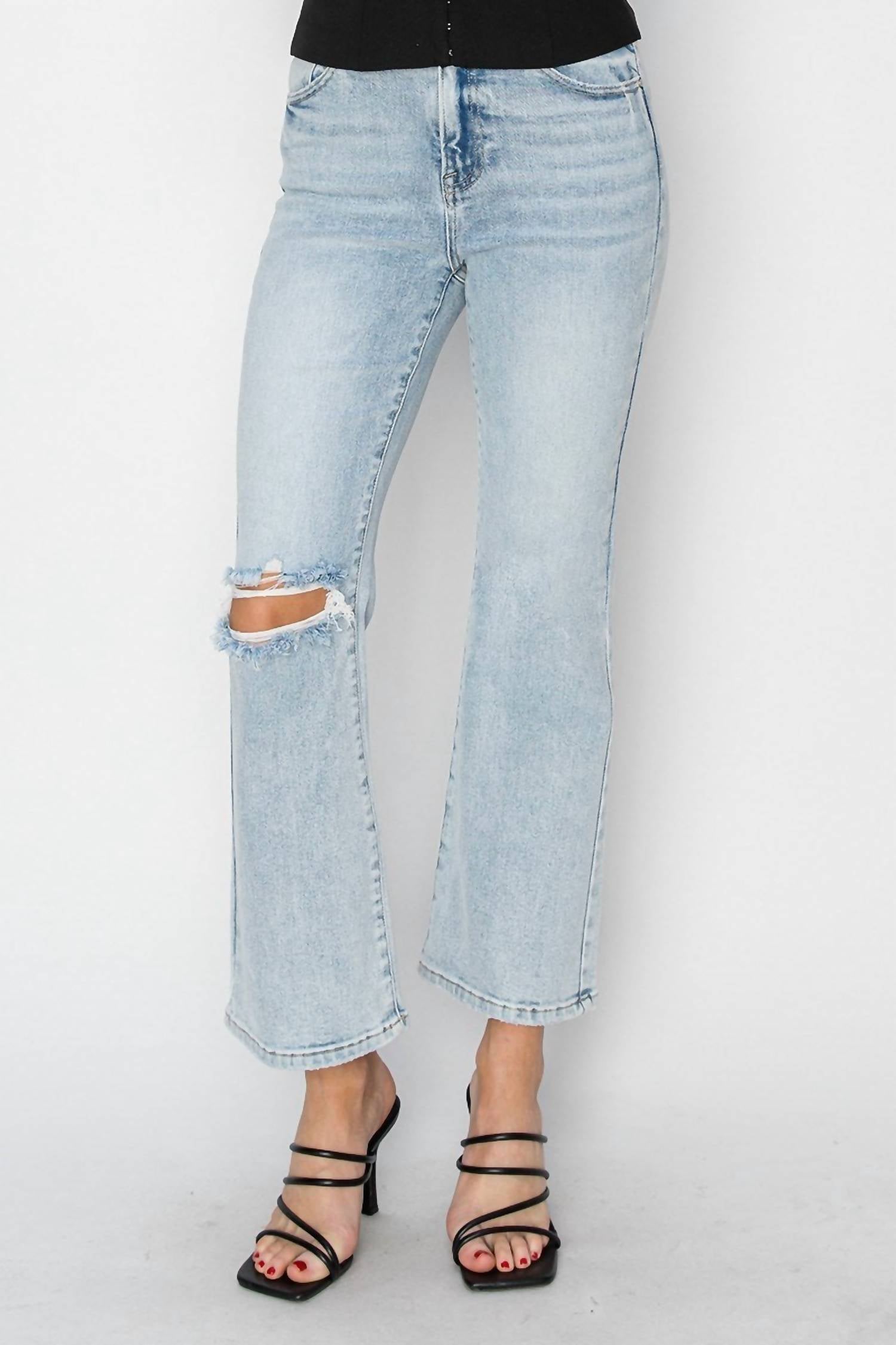 Risen - High Rise Knee Distressed Ankle Flare Jeans