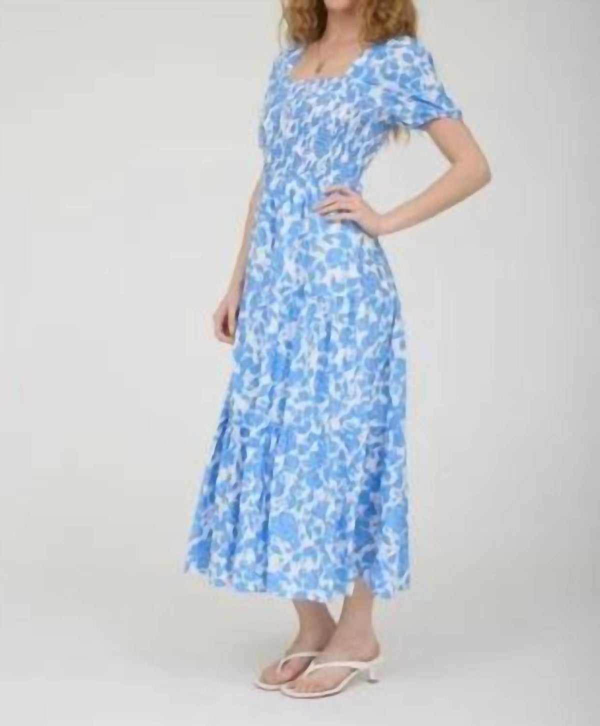 August Sky - Floral Puff Sleeve Smocked Tiered Midi Dress