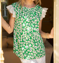 Voy - Emerald Isle Eyelet Ruffle Sleeve Print Top