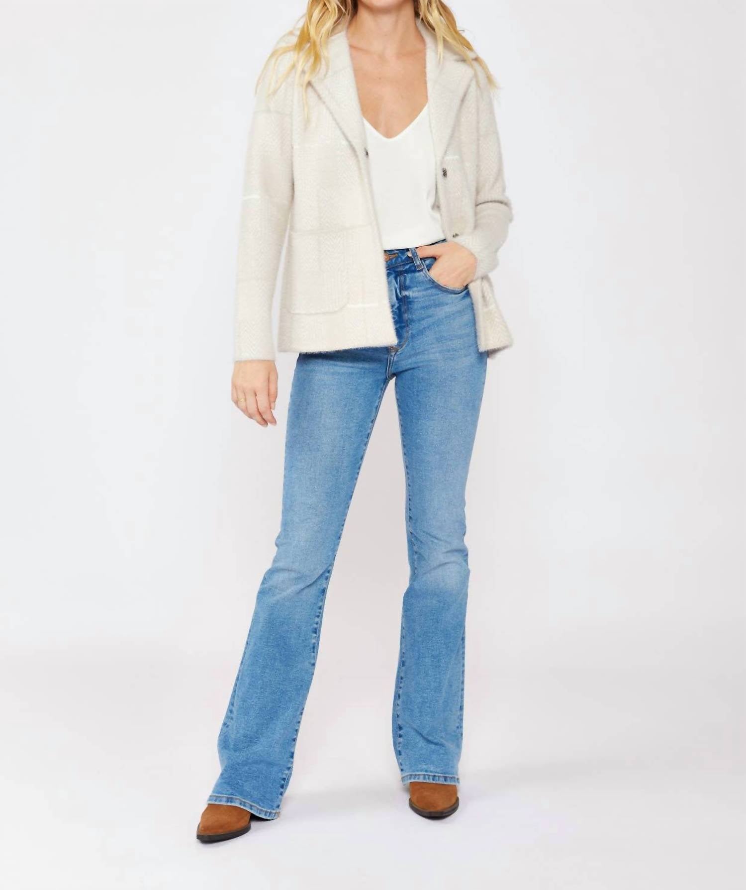 Lovestitch - Plaid Sweater Blazer With Hidden Snaps
