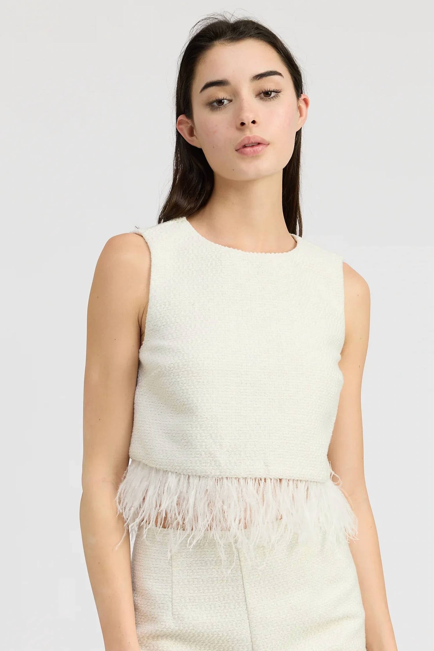 En Saison - Arden Sleeveless Feather-trim Top
