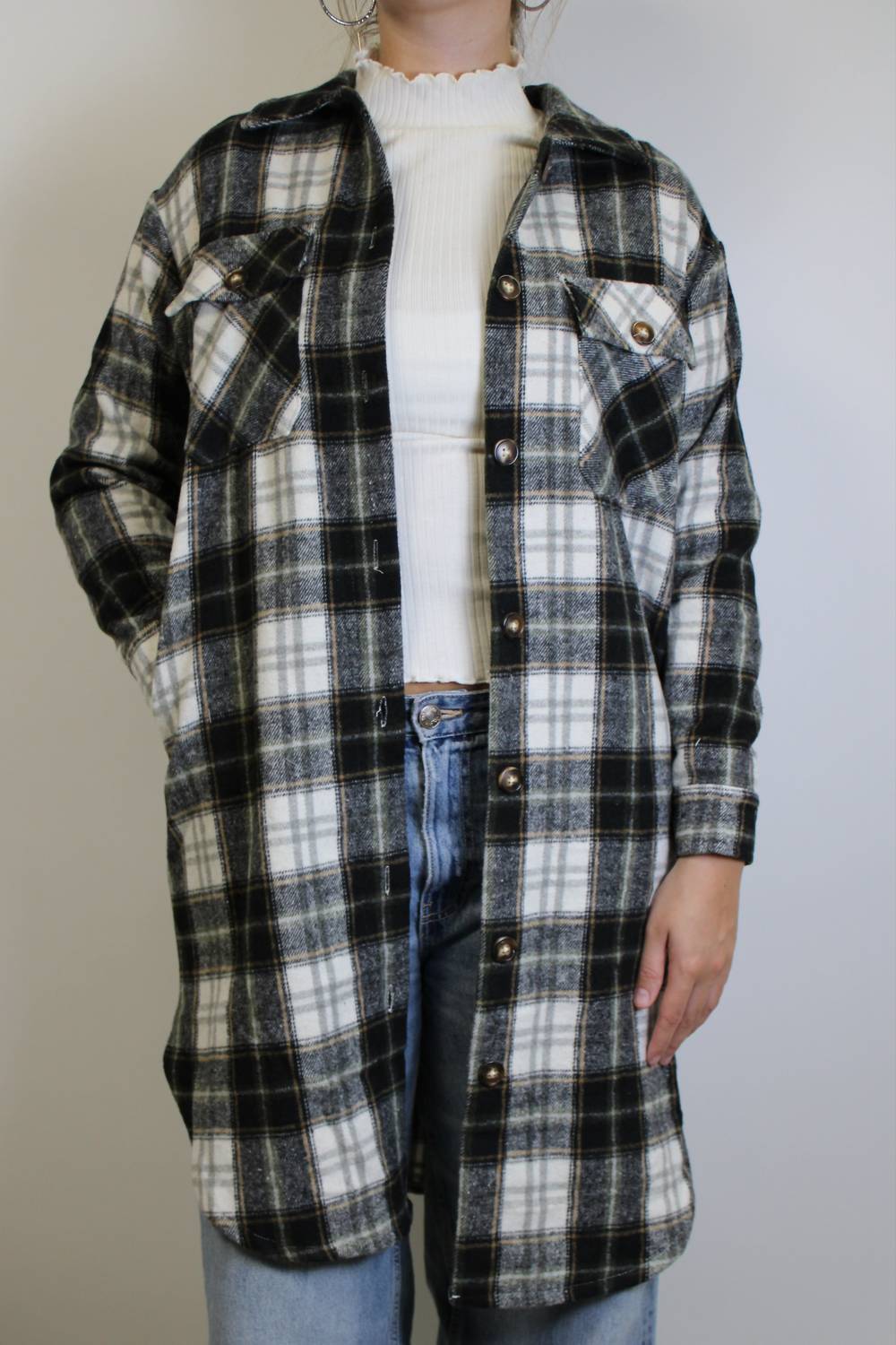 Panache Apparel Abuela Flannel Shacket in black white - women's shirt