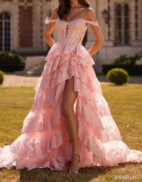 Sherri Hill Ruffle Skirt Off The Shoulder Dress in blush - women's dress