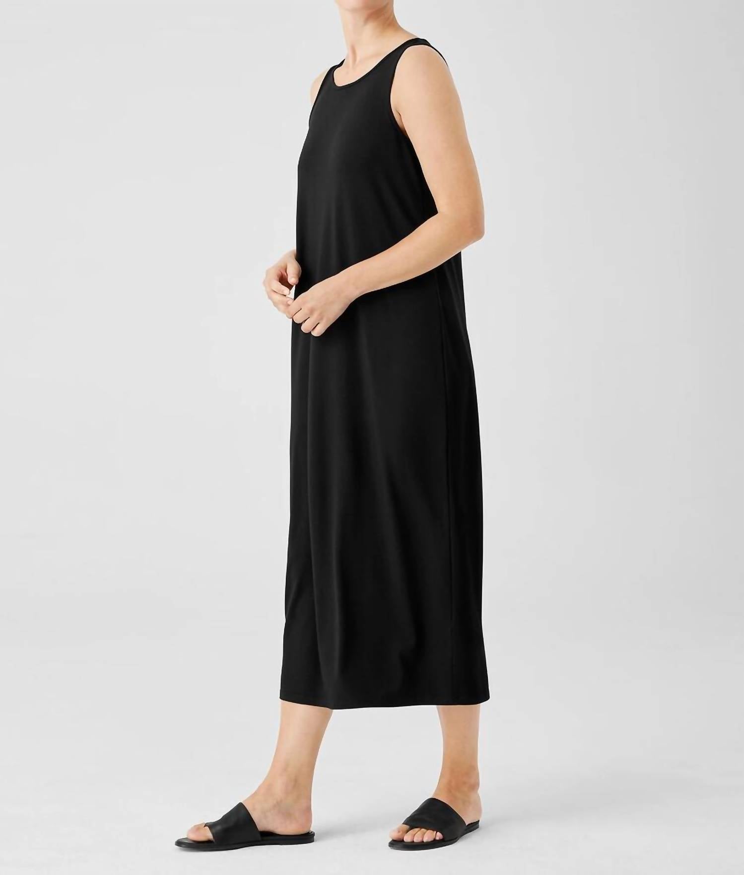 Eileen Fisher Stretch Jersey Sleeveless Midi Tank Dress in black - women's dress - detail view