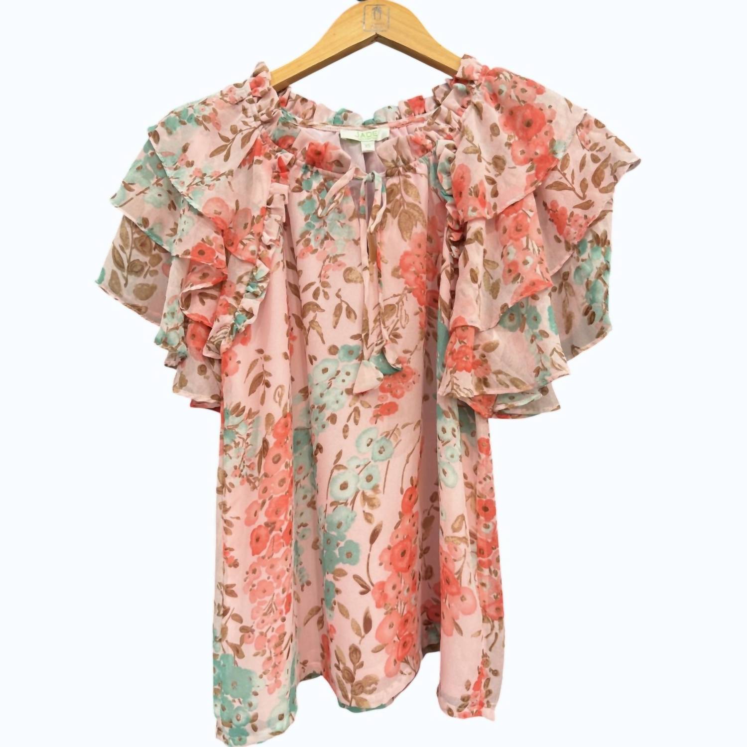 Jade Tiered Sleeve Ruffles Blouse in pink garden - women's blouse