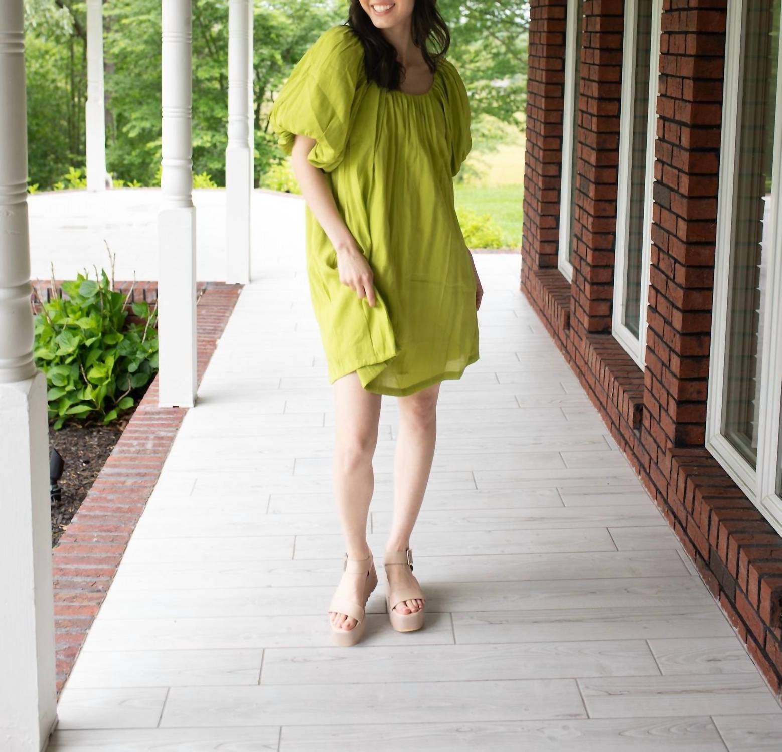 umgee Puff Sleeve Dress in vibrant lime green - women's dress
