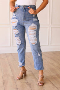 The Savannah Mid Rise Straight Fit Distressed Denim