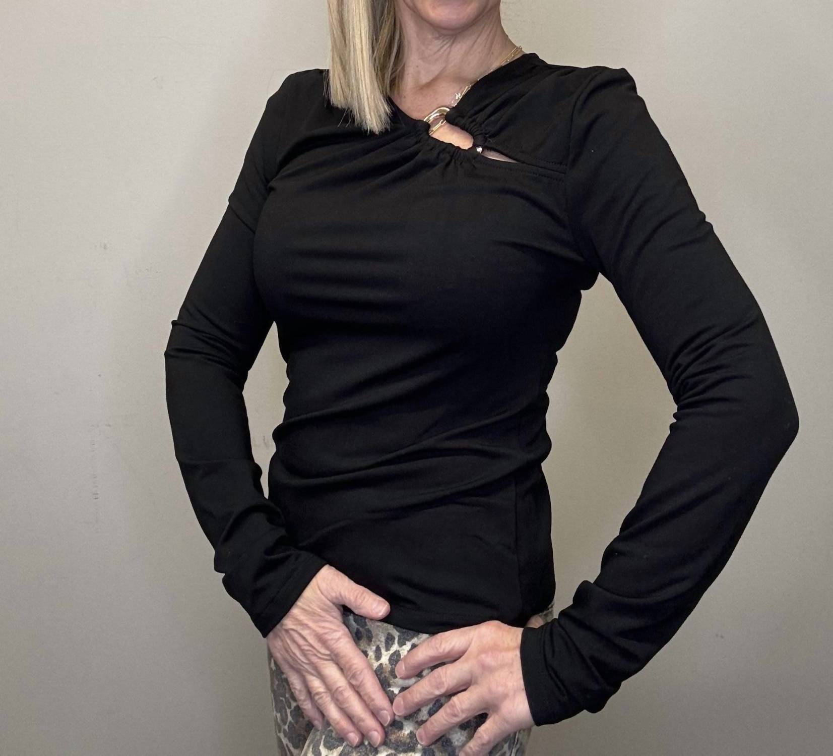 ariella Ring Detail Long sleeve Top in black - women's long sleeve top