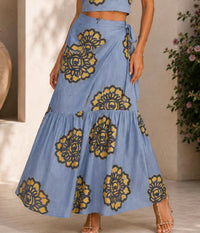 Mystery Resort - Azure Bloom Tie Top Maxi Skirt Set