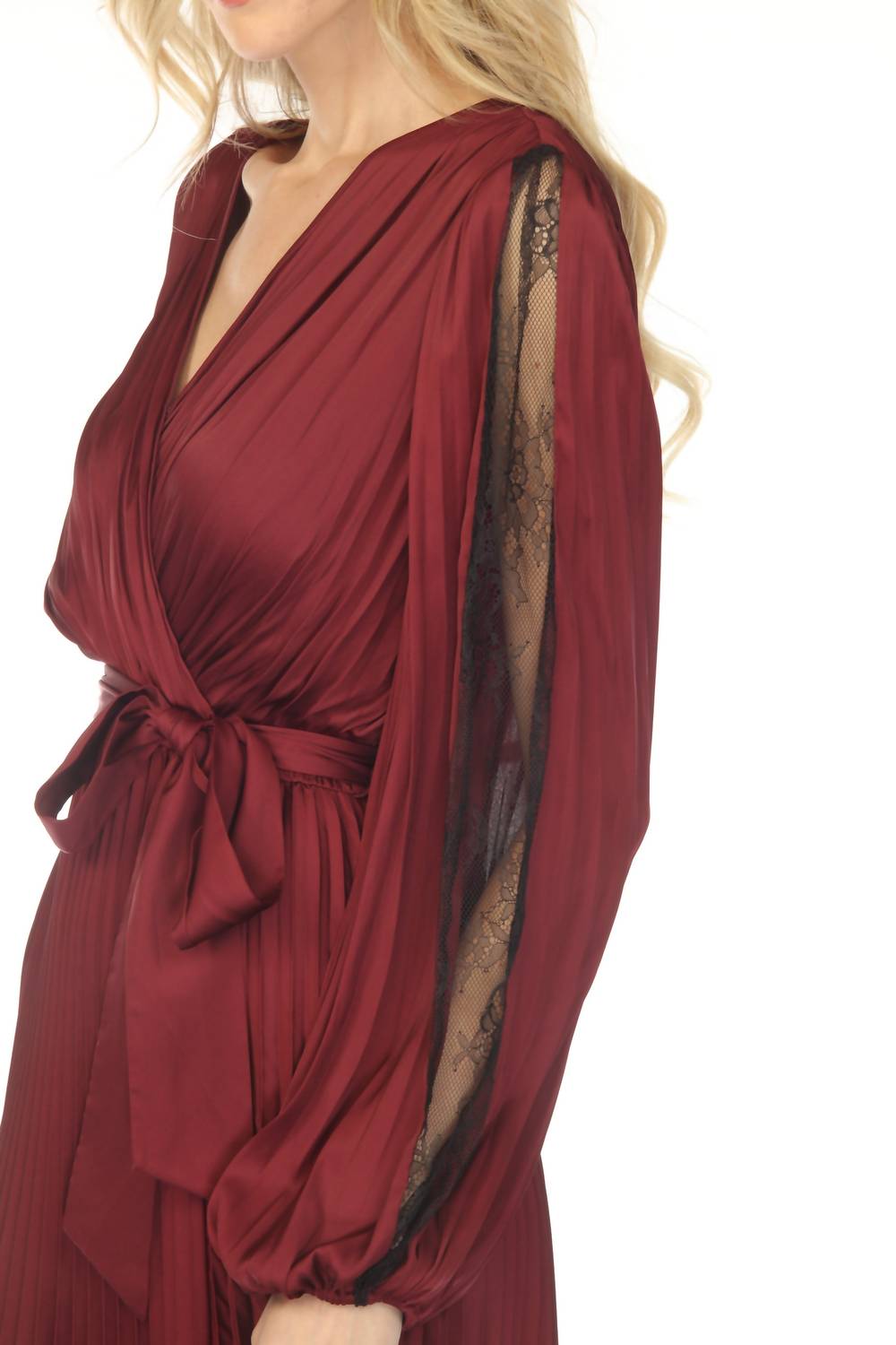 Joseph Ribkoff Pleated Satin Belted Midi Fit And Flare Dress in merlot - women's dress - view 7