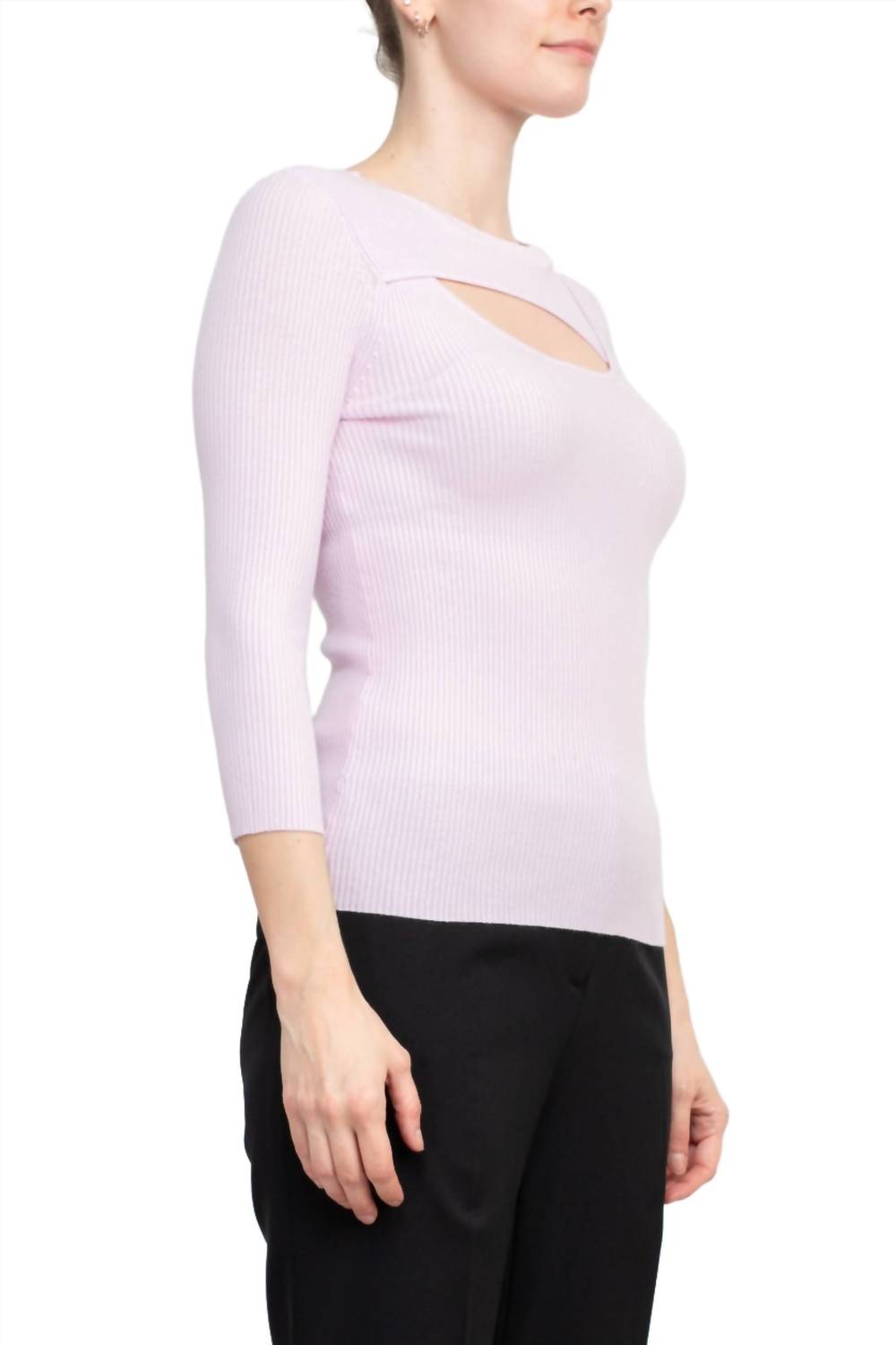 Joan Vass - 3/4 Sleeve Ribbed Pullover Cutout Chest Detail Knit Top