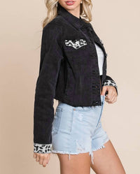 Pretty Bash - Denim Paneled Leopard Print Ripped Jacket