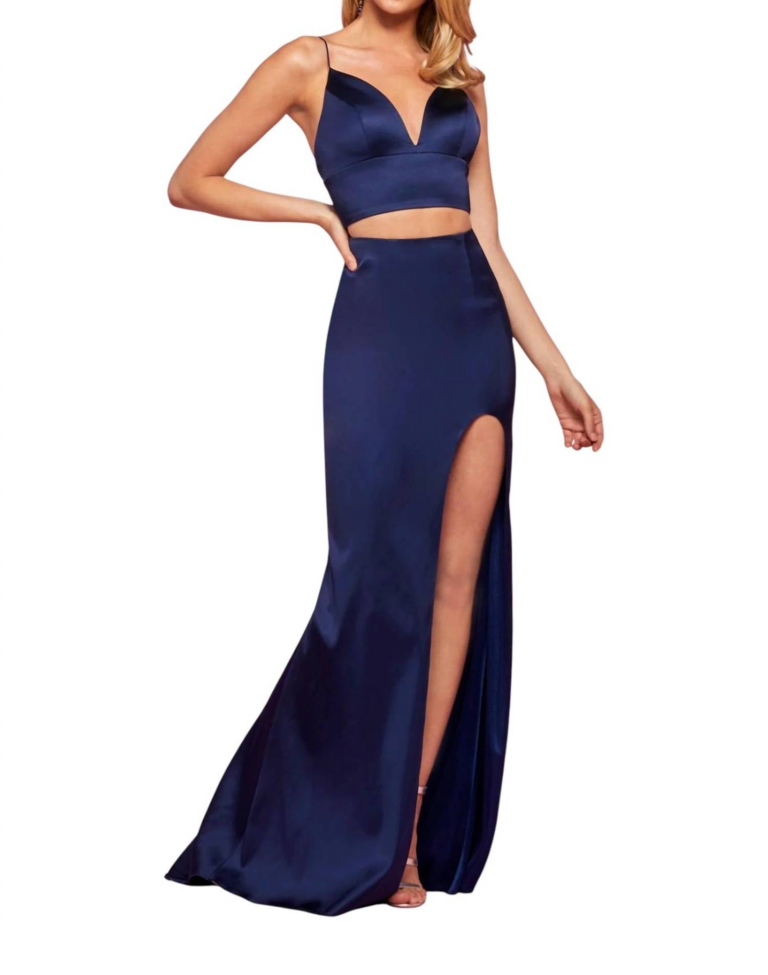 Sherri Hill Slit Skirt 2 Piece Prom Dress in navy - women's dress