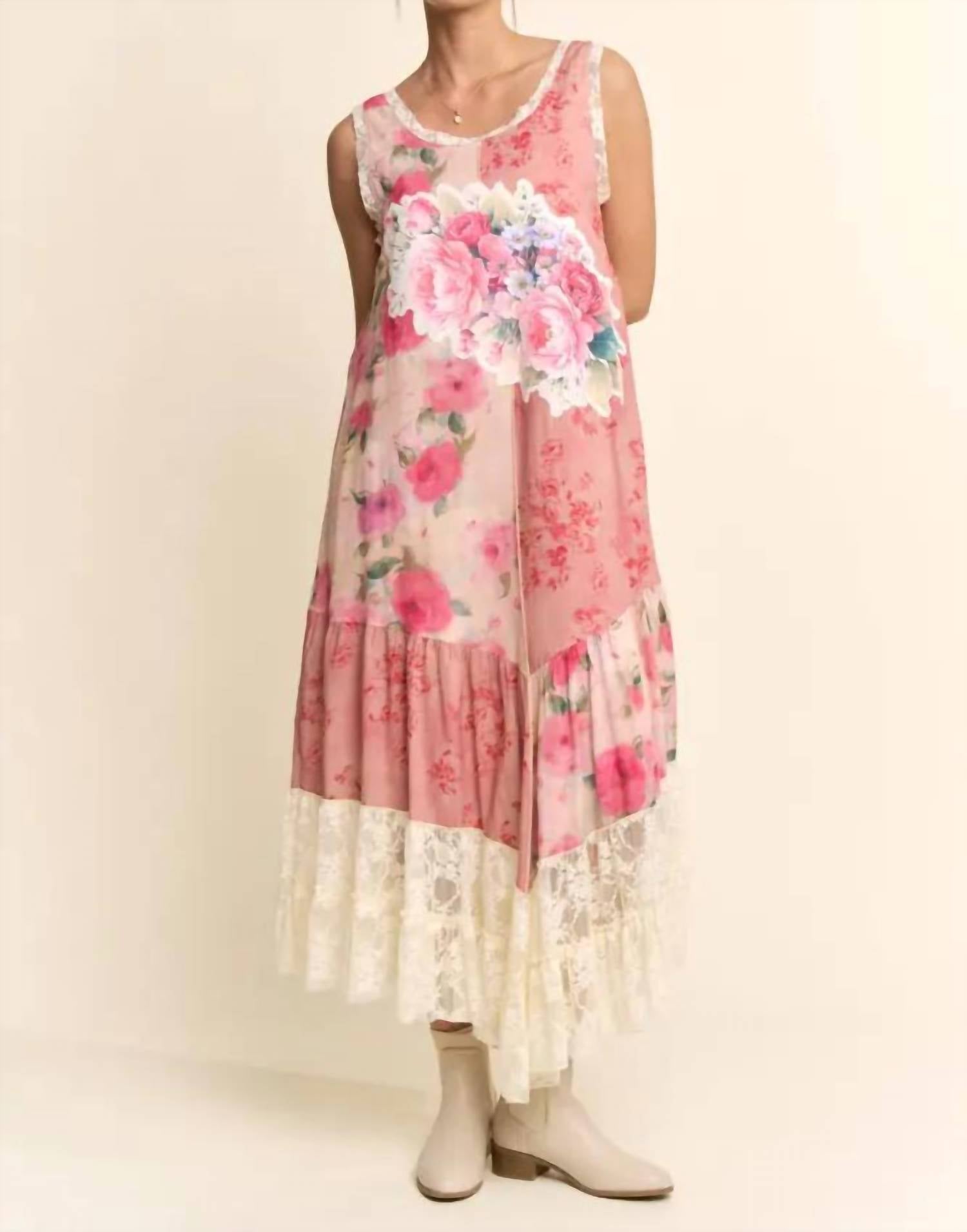 Davi & Dani - Women's Print Flower Patchwork Lace Tiered Dress