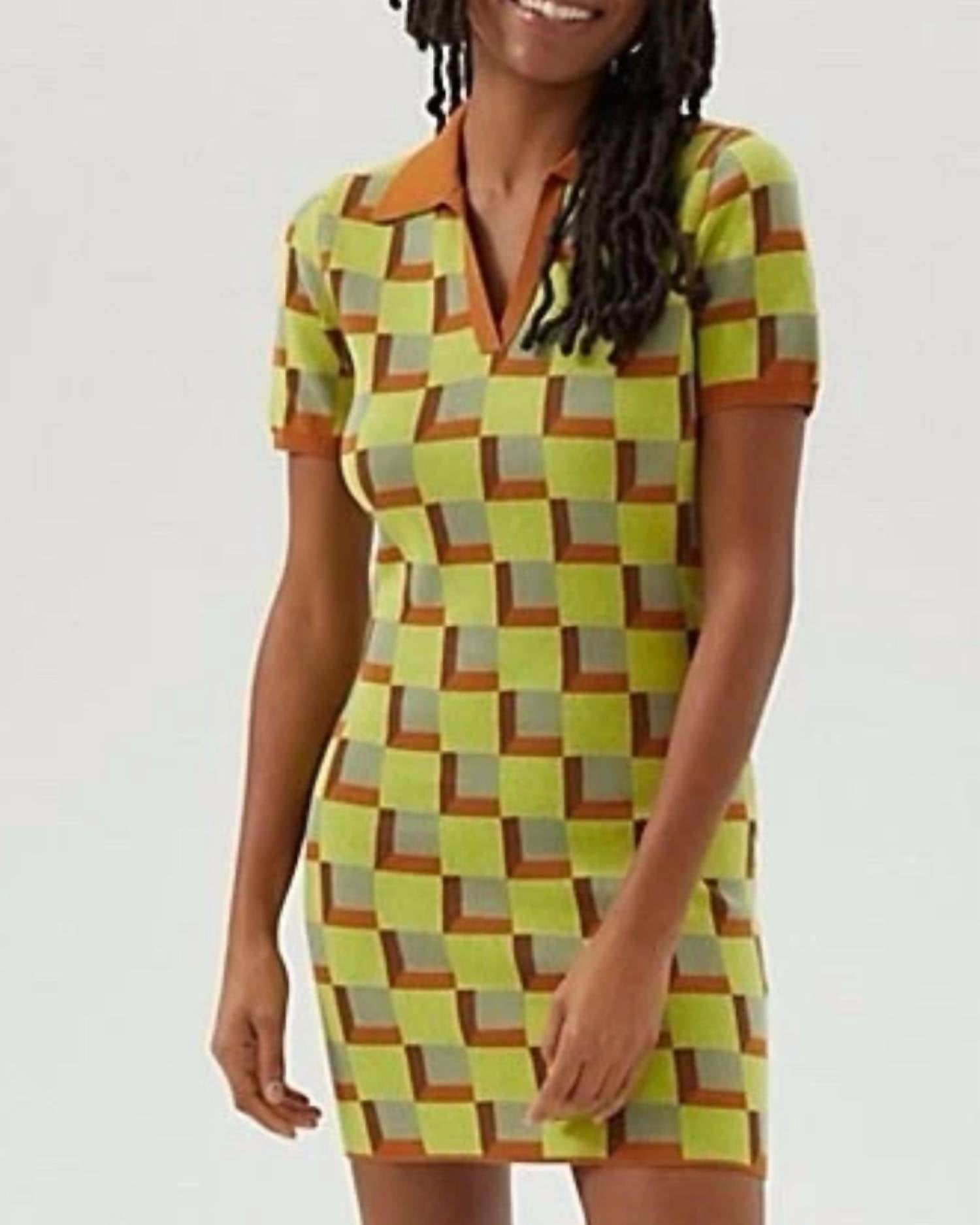 ANOTHER GIRL Retro Polo Mini Dress in green multi - women's dress - detail view