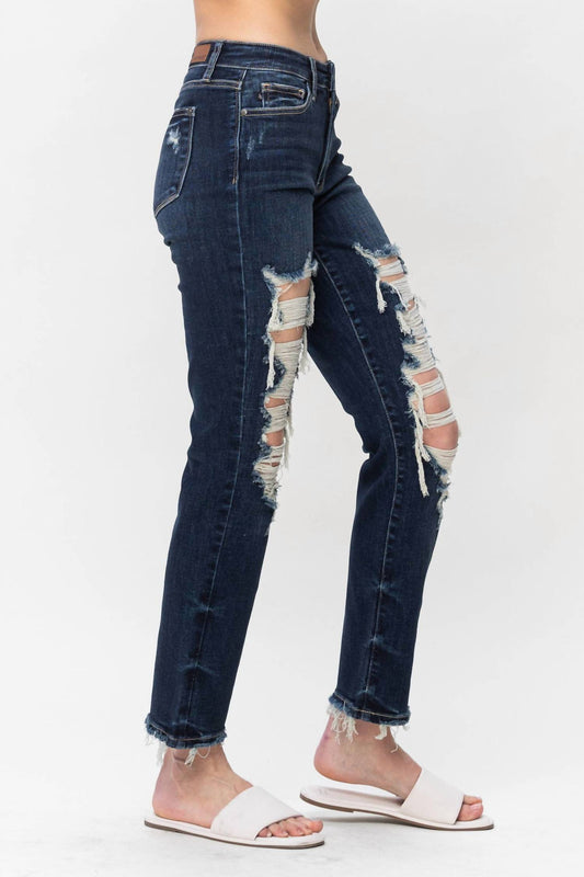Judy Blue - Mid Rise Heavy Distressed Straight Leg Jeans