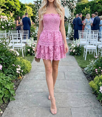 Baby Pink - Strapless Crochet Lace Mini Dress