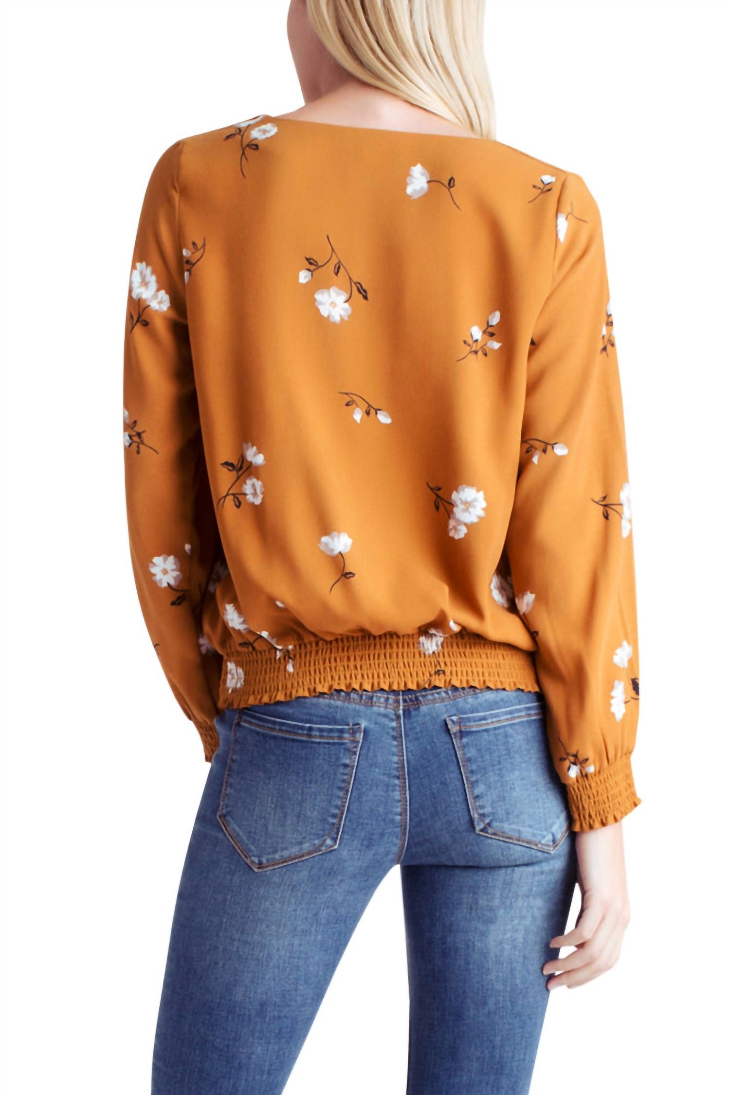Kensie - Floral Long Sleeve Ruffled V-Neck Woven Top