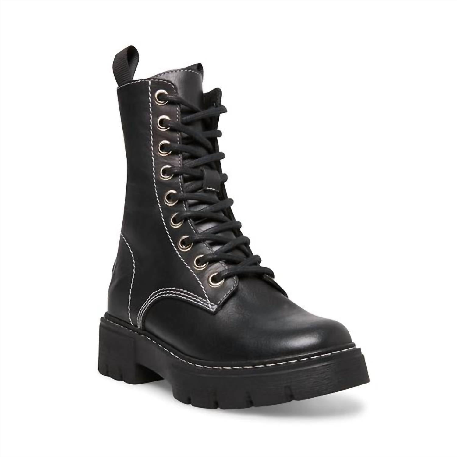 STEVE MADDEN Women's Kanyon Genuine Leather Lace Up Combat Boots in black - women's shoe - detail view
