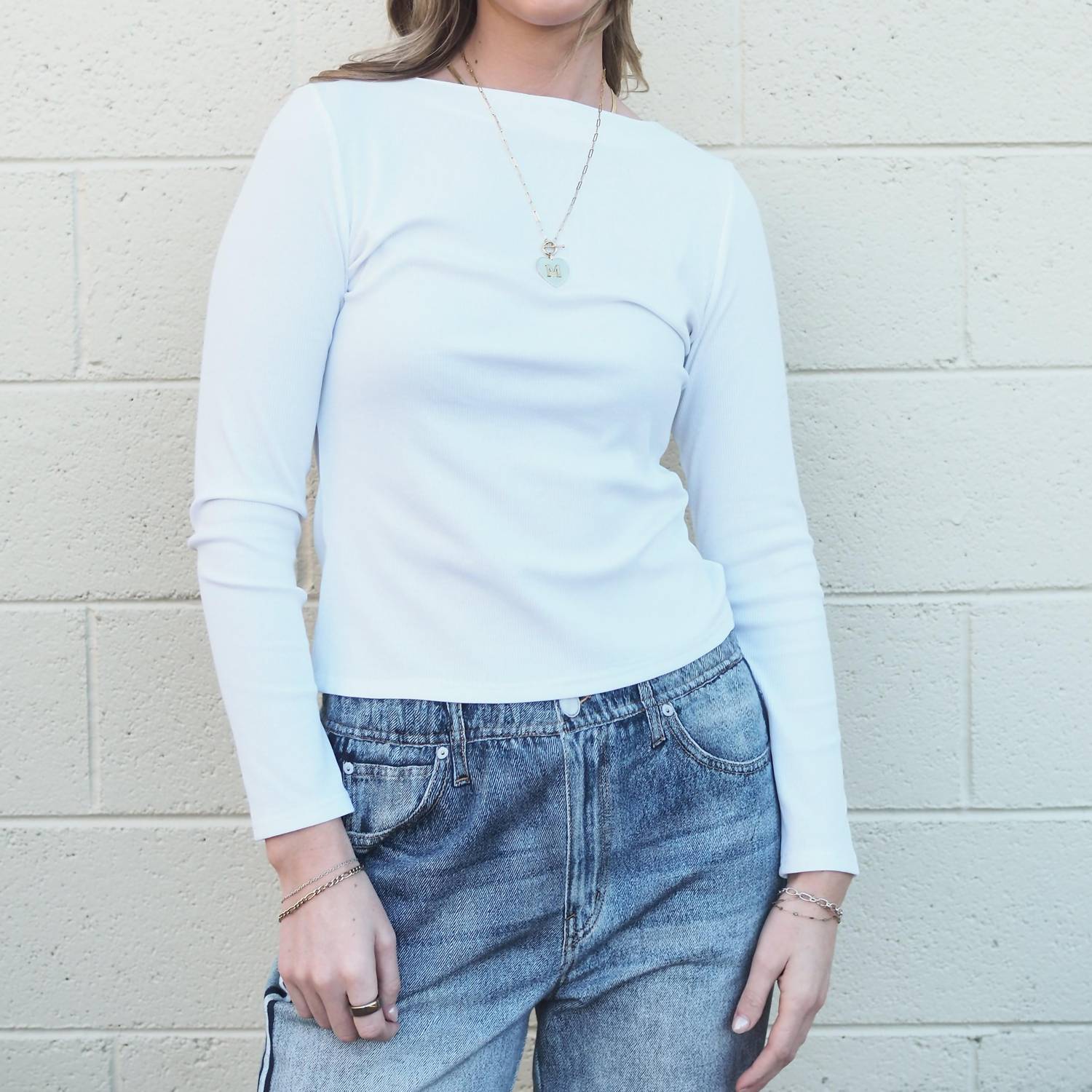 Velvet Heart Leone Long Sleeve Fitted Top in optic white - women's long sleeve top - detail view