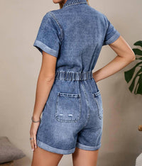 Aapparella Short Sleeve Denim Button Front Romper in blue - women's pants - detail view