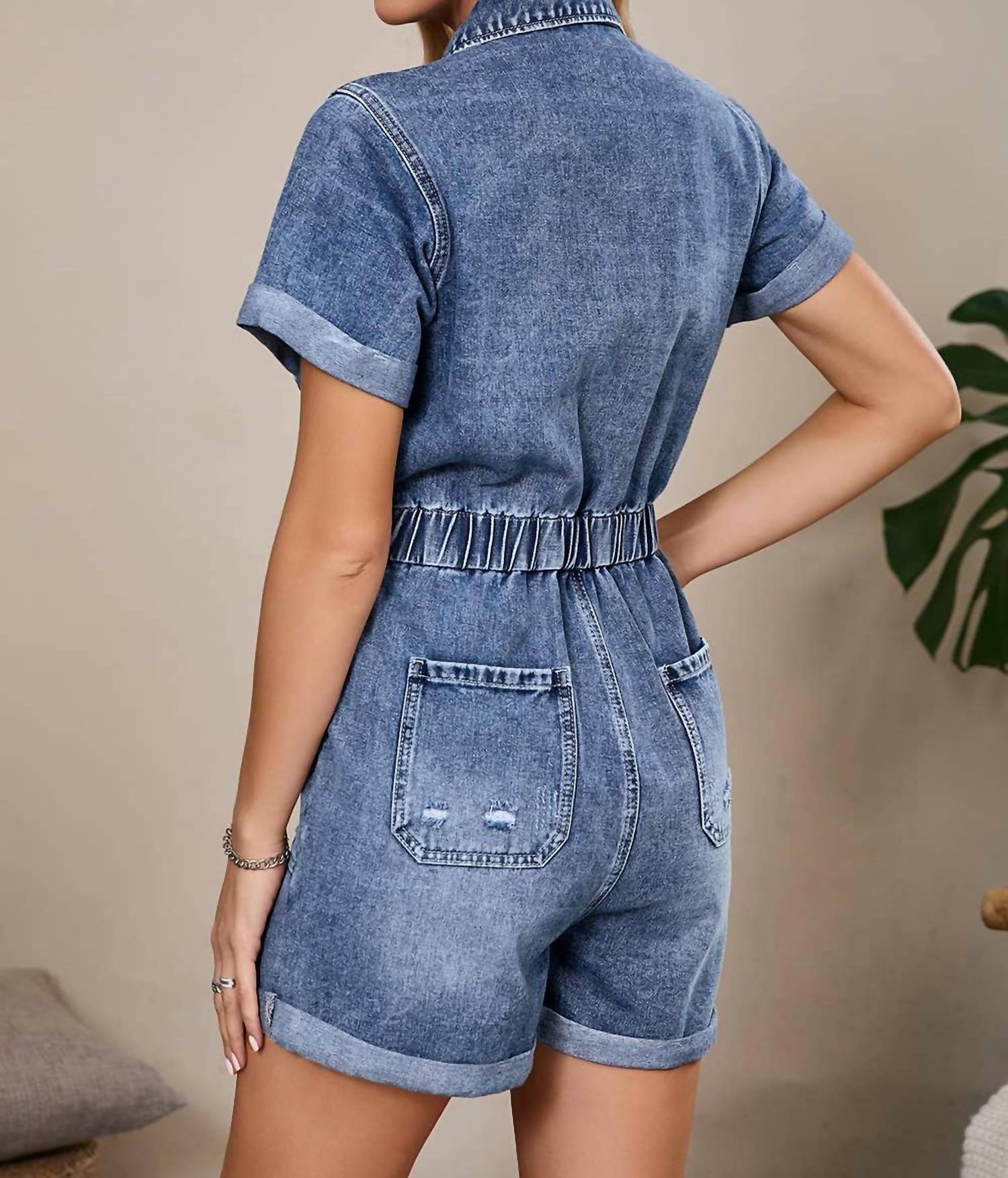 Aapparella Short Sleeve Denim Button Front Romper in blue - women's pants - detail view