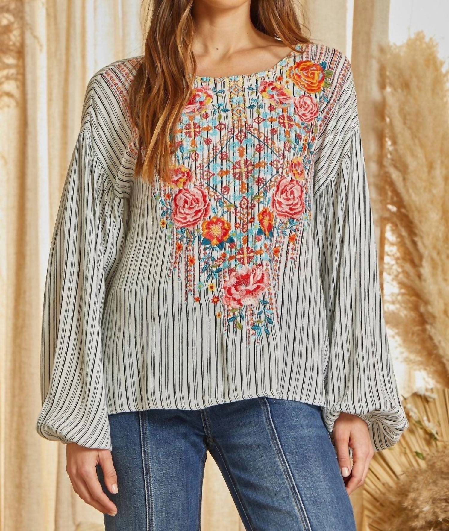 Andree By Unit - Embroidered Striped Top