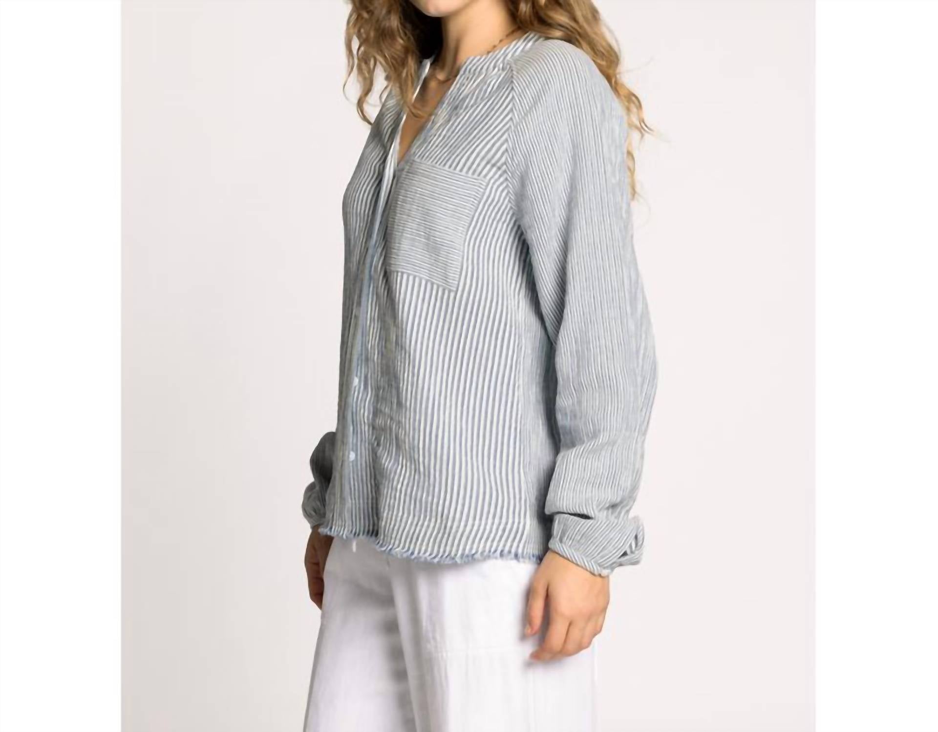 Thread & Supply Maia V Neck Long Sleeve Shirt in blue stripe - women's long sleeve top - detail view
