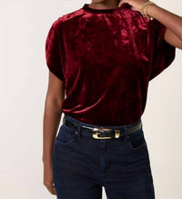 MELISSA NEPTON Acacia Velvet Shirred Shoulder Tee in burgundy - women's blouse