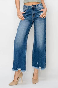 Risen - High Rise Side Slit With Frayed Hem Wide Jeans