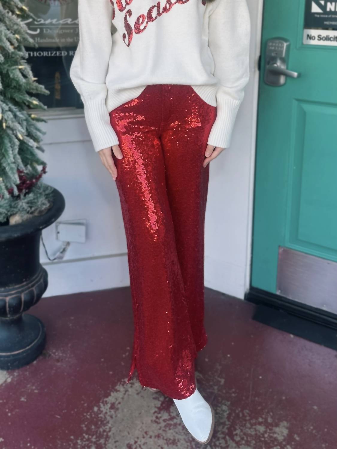 So Me - Christmas Mid Rise Flare Sequin Holiday Pants