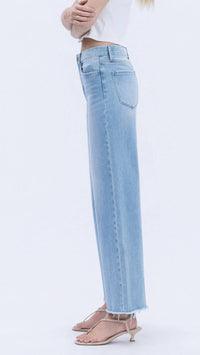 FLYING MONKEY High Rise Seamless Waistband Raw Hem Wide Leg Jeans in blue - women's jeans - detail view