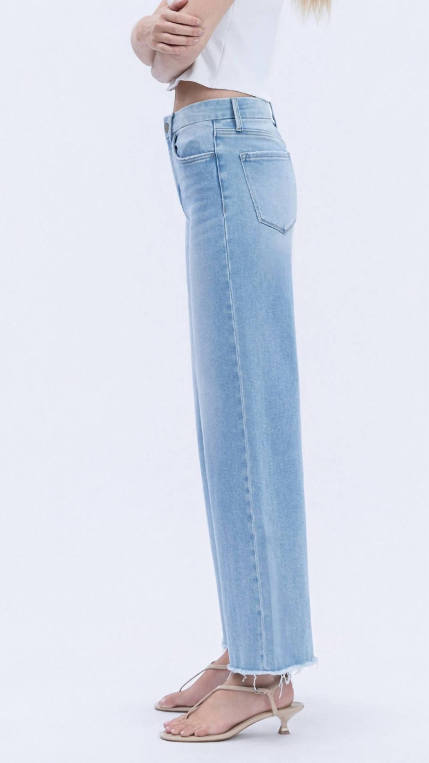 FLYING MONKEY High Rise Seamless Waistband Raw Hem Wide Leg Jeans in blue - women's jeans - detail view