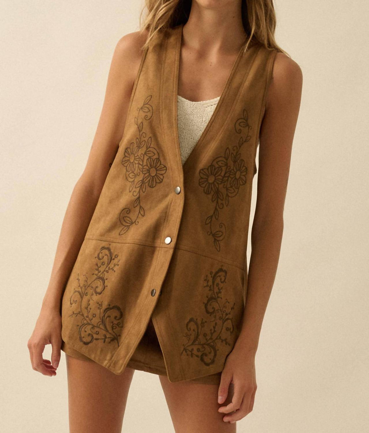 Promesa - Floral Embroidered Faux Suede Snap-front Vest